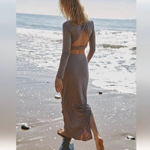 Free People beach Cierra long sleeve open back maxi sage olive green two piece